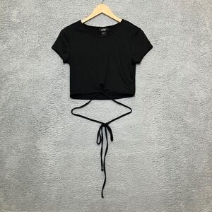 Y2K VTG Just Polly Waist Wrap Tie Crop Top Women XS / S Black Ribbed Mobwife Tee